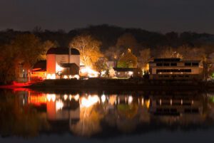 nighttime photograph of the Bucks County Playhouse