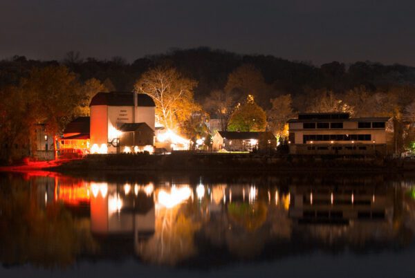 nighttime photograph of the Bucks County Playhouse