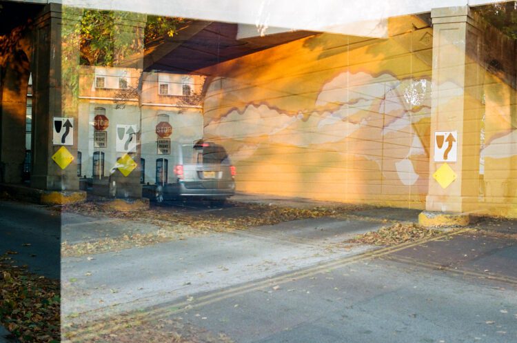 A double exposure photo of Harry Boardman's Mural in Souderton, PA