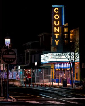 Nightime photo of The County Theater in Doylestown